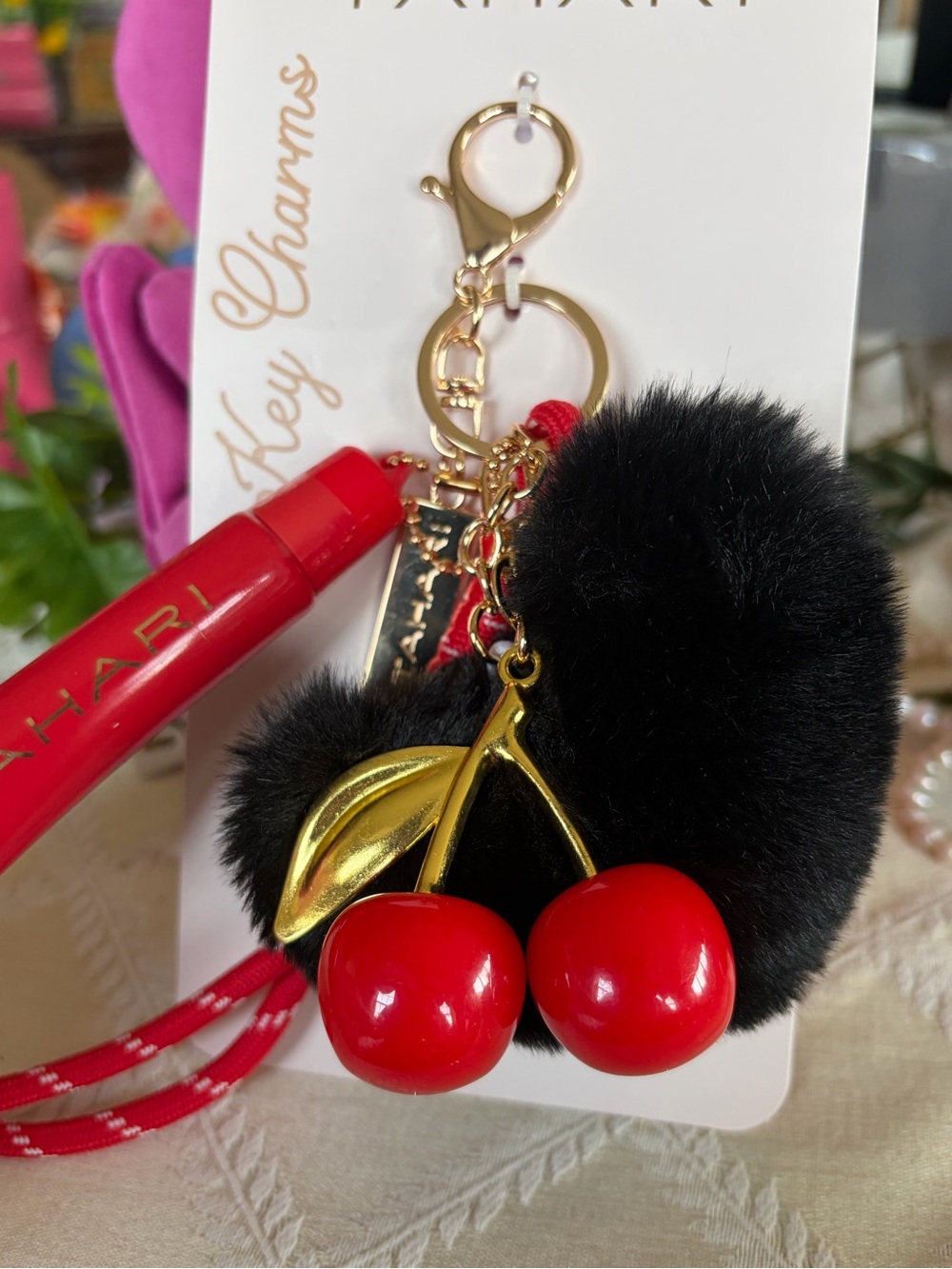 Tahari Red Cherry and Black Faux Fur Heart Pom-Pom Key & Lip Balm Holder Charm